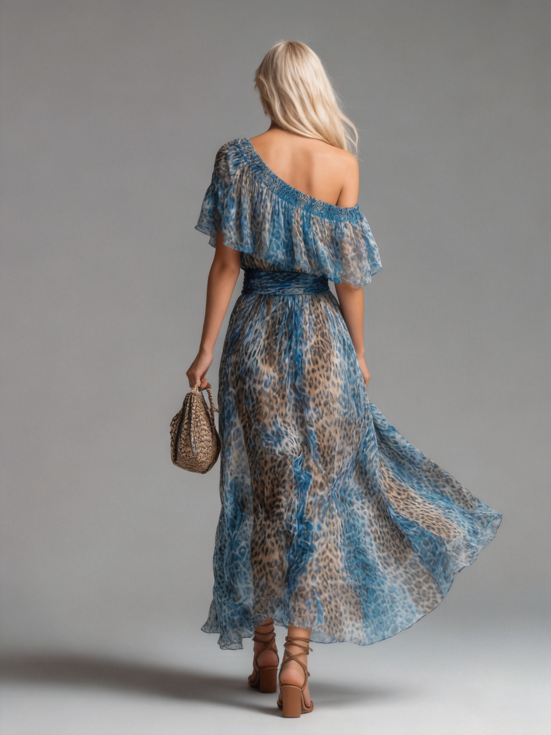 Casa Marbella™ | Vestido Maxi Salvaje de Gasa con Estampado de Leopardo y Hombros Descubiertos