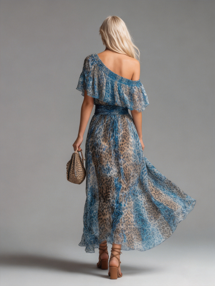 Casa Marbella™ | Vestido Maxi Salvaje de Gasa con Estampado de Leopardo y Hombros Descubiertos