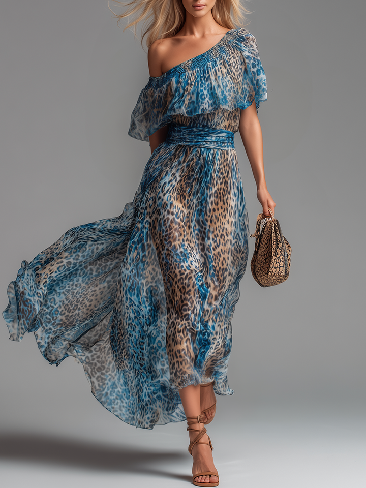 Casa Marbella™ | Vestido Maxi Salvaje de Gasa con Estampado de Leopardo y Hombros Descubiertos