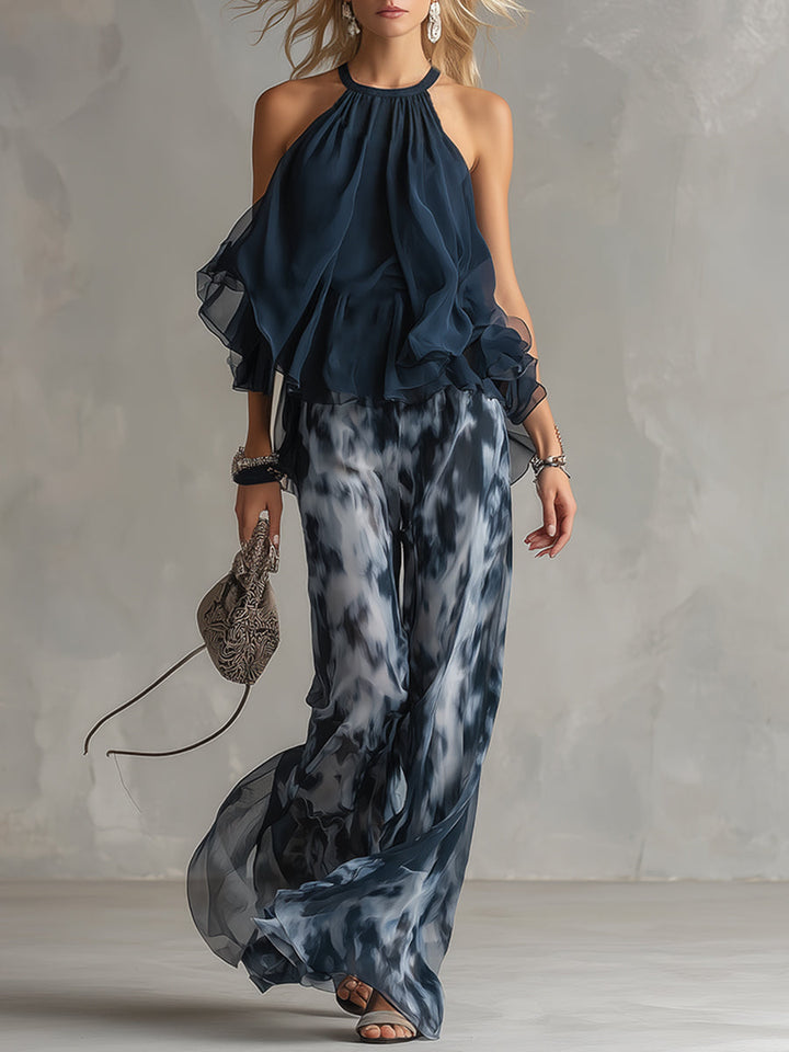 Casa Marbella™ | Conjunto Ludovica con Top Halter y Pantalón de Pierna Ancha Estampado