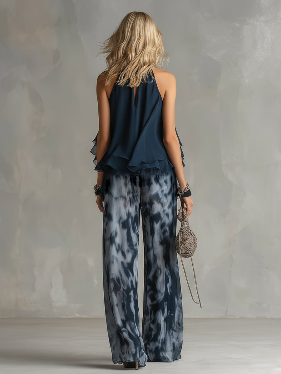 Casa Marbella™ | Conjunto Ludovica con Top Halter y Pantalón de Pierna Ancha Estampado