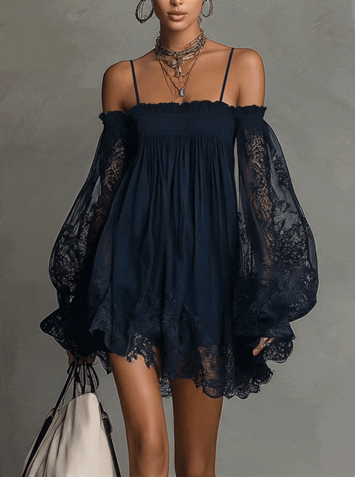Casa Marbella™ | Vestido Mini Noemi de Gasa Azul Marino con Hombros Descubiertos y Encaje