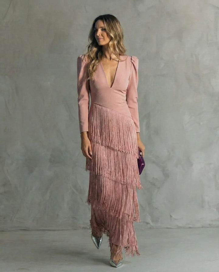 Casa Marbella™ | Vestido Chiara Elegante con Mangas de Flecos