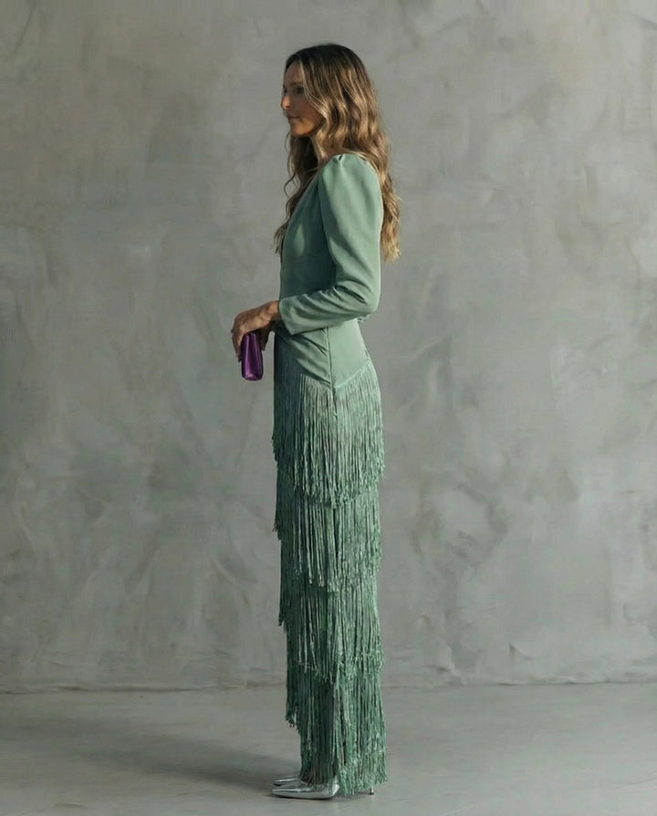 Casa Marbella™ | Vestido Chiara Elegante con Mangas de Flecos