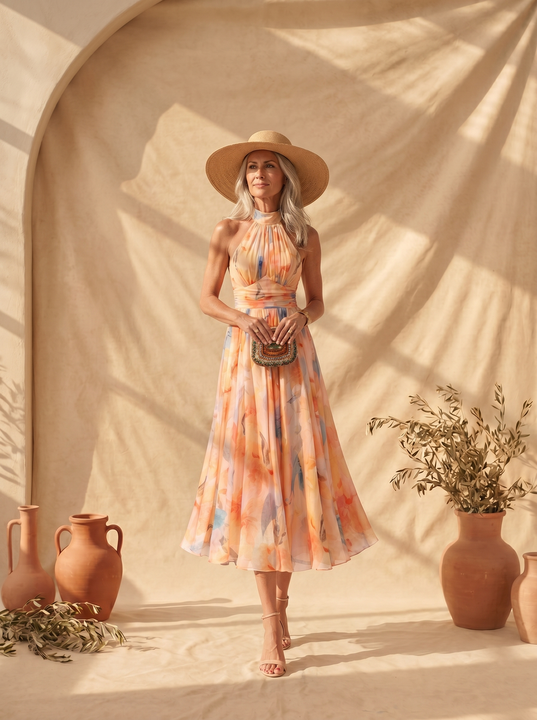 Casa Marbella™ | Vestido Aurora con Cuello Halter y Estampado Acuarela