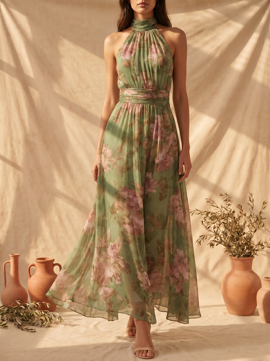 Casa Marbella™ | Vestido Maxi Livia con Cuello Halter y Estampado Floral
