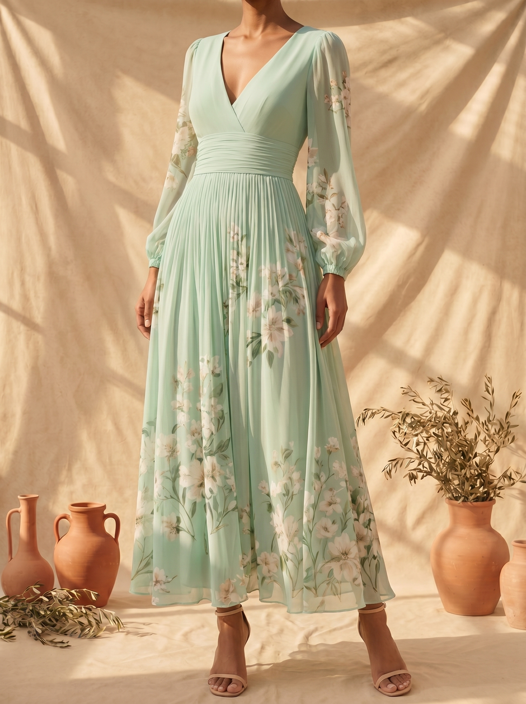 Casa Marbella™ | Vestido Midi Cisella Verde Claro con Estampado Floral