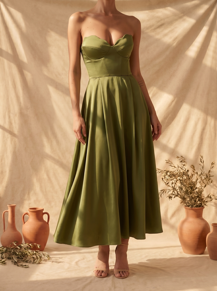 Casa Marbella™ | Vestido Midi Liora Elegante Sin Tirantes
