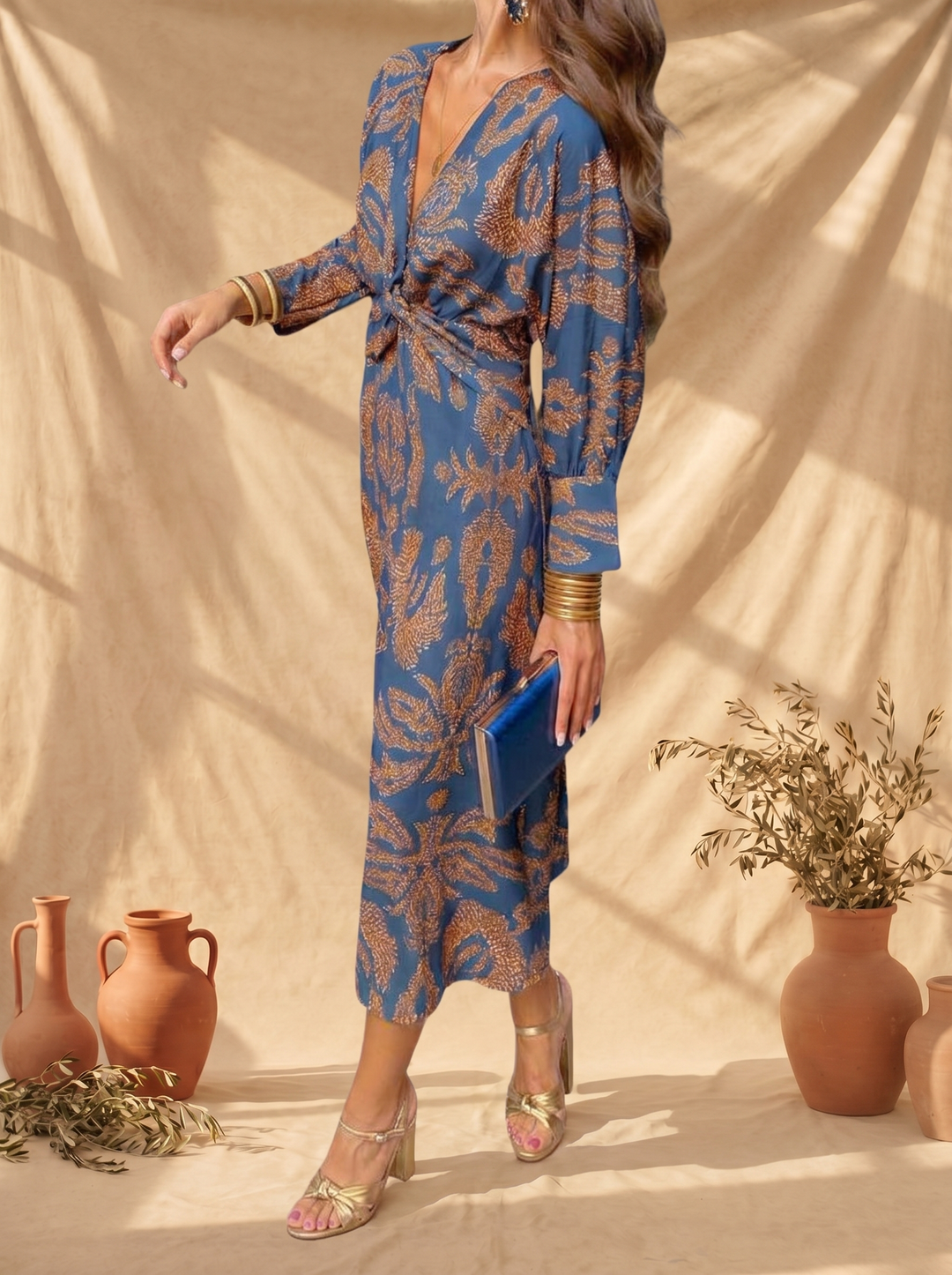 Casa Marbella™ | Vestido Midi Celeste con Elegancia Floral