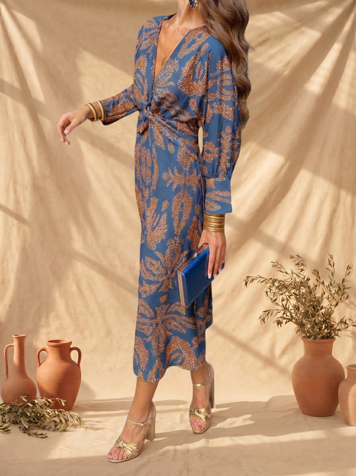 Casa Marbella™ | Vestido Midi Celeste con Elegancia Floral