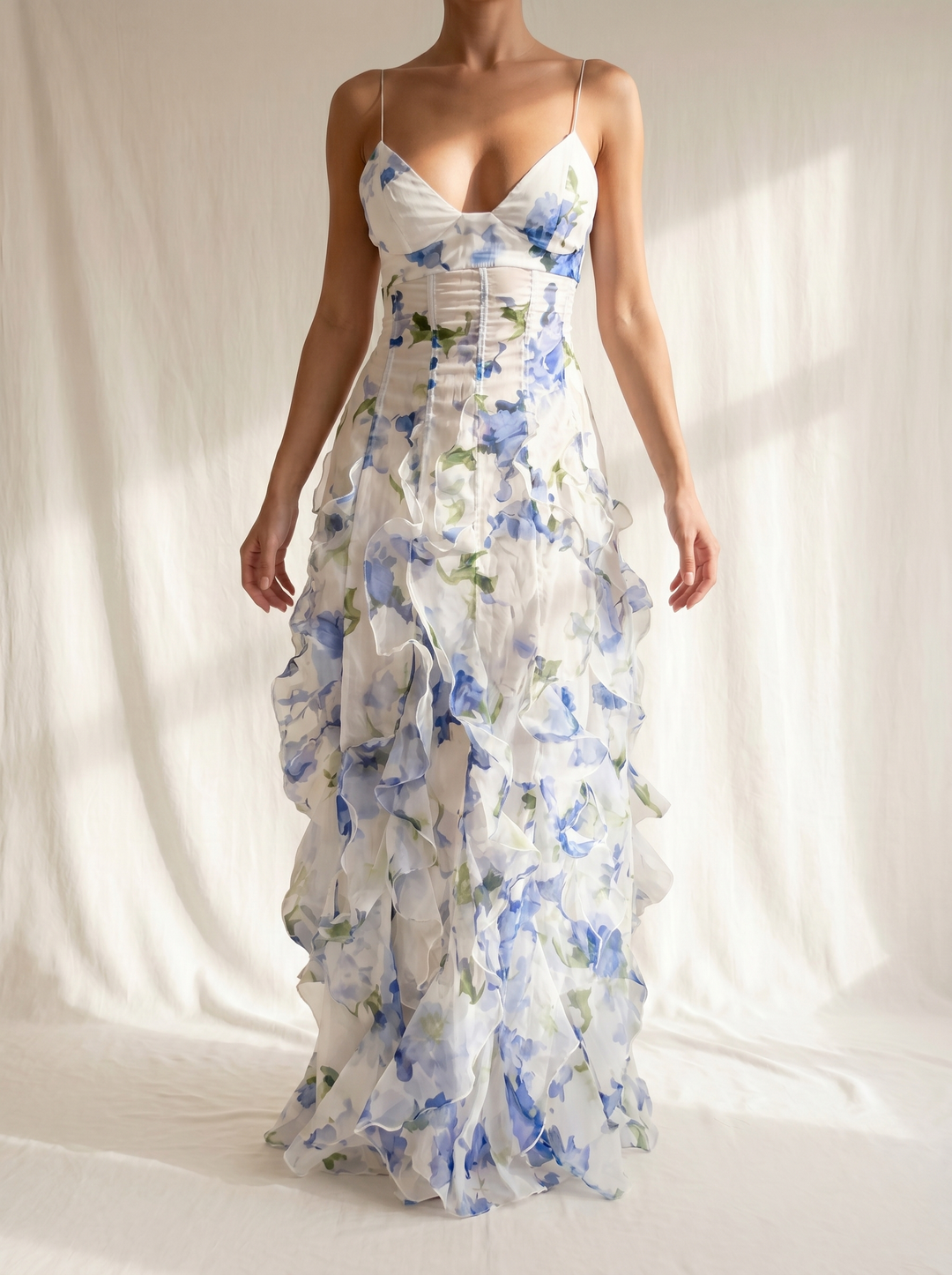Casa Marbella™ | Vestido Midi Uri con Estampado Floral y Volantes