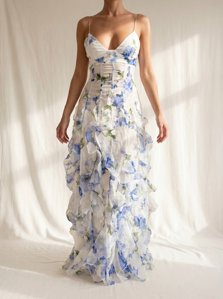 Casa Marbella™ | Vestido Midi Uri con Estampado Floral y Volantes