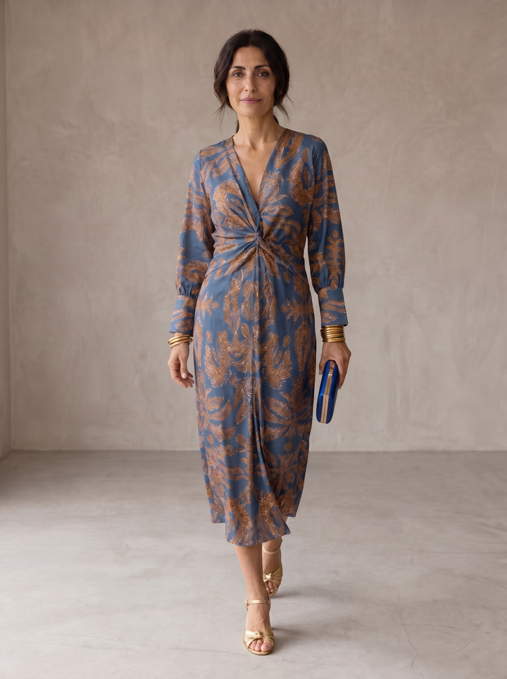 Casa Marbella™ | Vestido Midi Celeste con Elegancia Floral