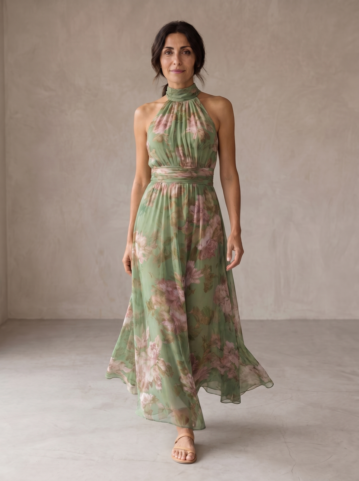 Casa Marbella™ | Vestido Maxi Livia con Cuello Halter y Estampado Floral