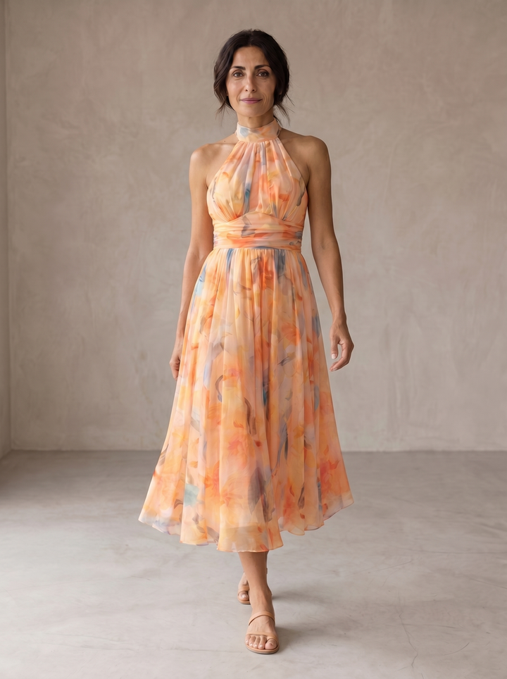 Casa Marbella™ | Vestido Aurora con Cuello Halter y Estampado Acuarela