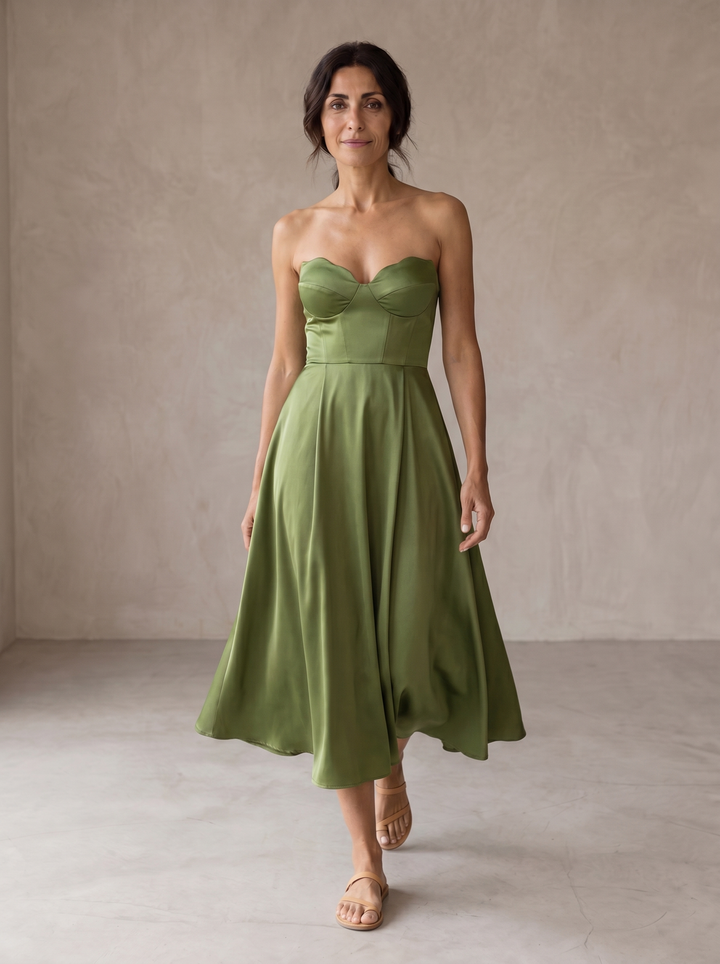 Casa Marbella™ | Vestido Midi Liora Elegante Sin Tirantes