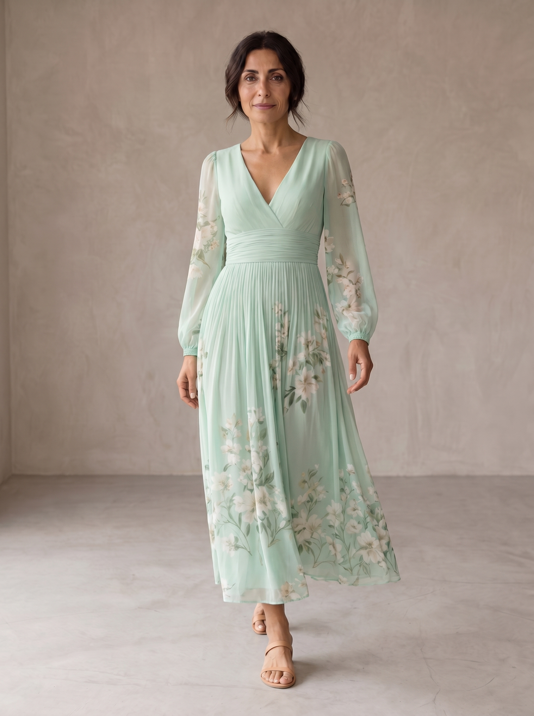 Casa Marbella™ | Vestido Midi Cisella Verde Claro con Estampado Floral