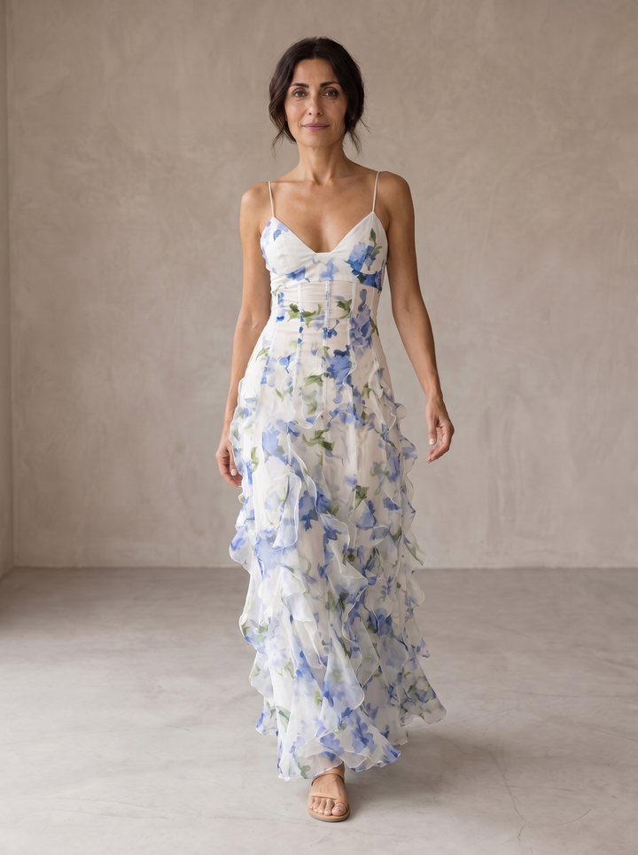 Casa Marbella™ | Vestido Midi Uri con Estampado Floral y Volantes