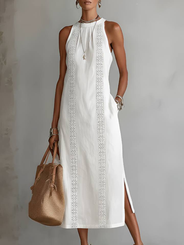 Casa Marbella™ | Vestido Midi Jimena Bordado con Cuello Mao y Corte Relajado