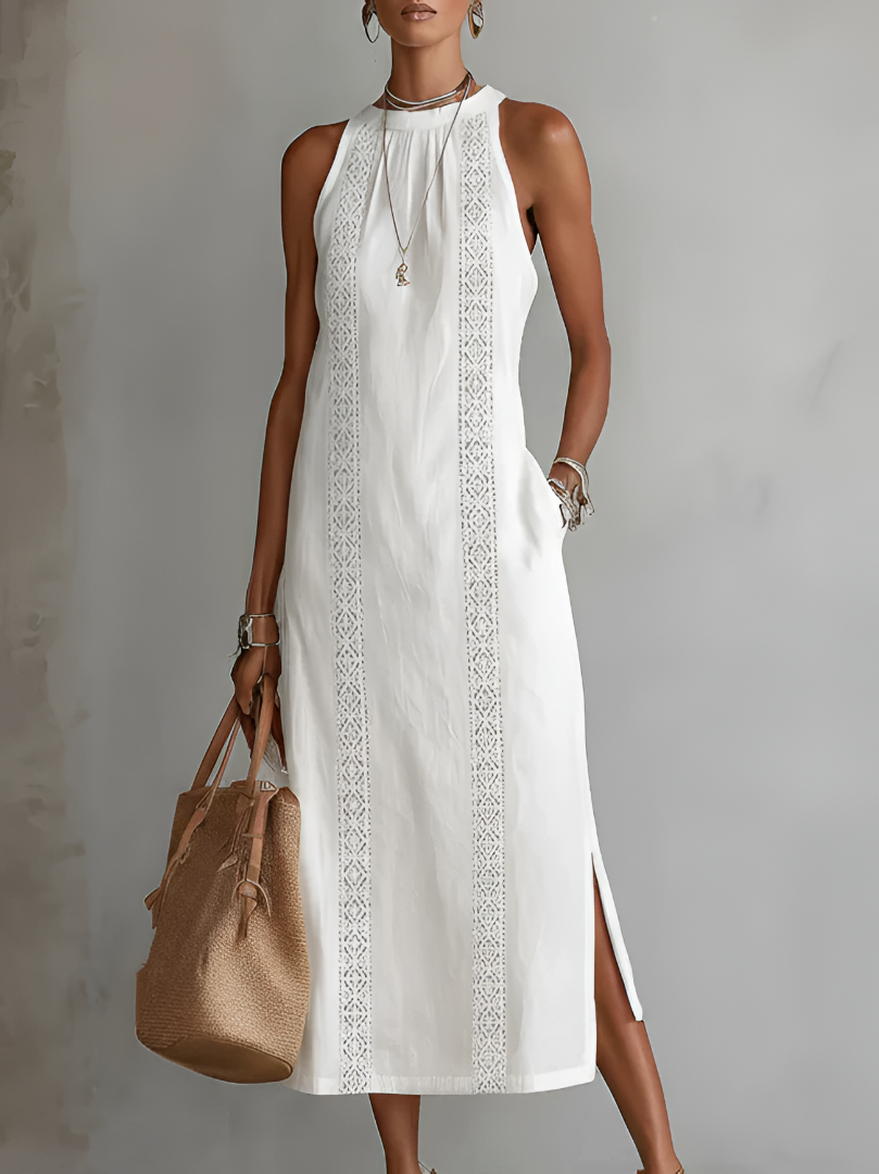 Casa Marbella™ | Vestido Midi Tatiana de Lino con Cuello Mao