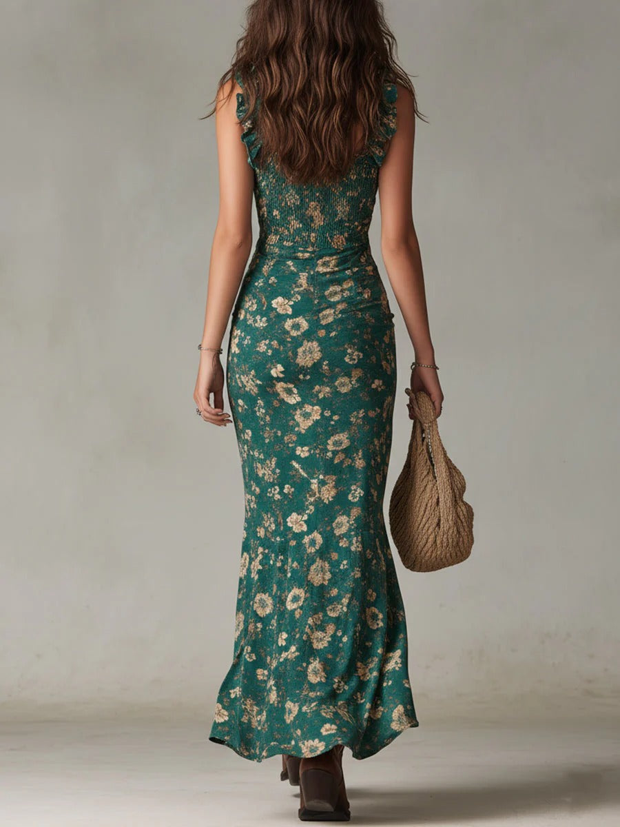 Casa Marbella™ | Vestido Maxi Zara Floral Bohemio con Fruncidos y Abertura Lateral
