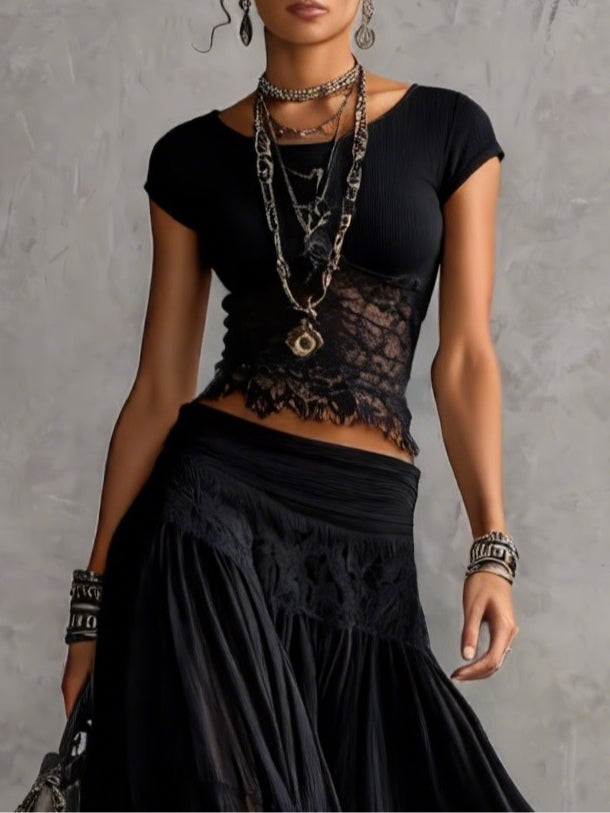 Casa Marbella™ | Conjunto Vanessa Dark Boho con Top Crop y Falda de Encaje