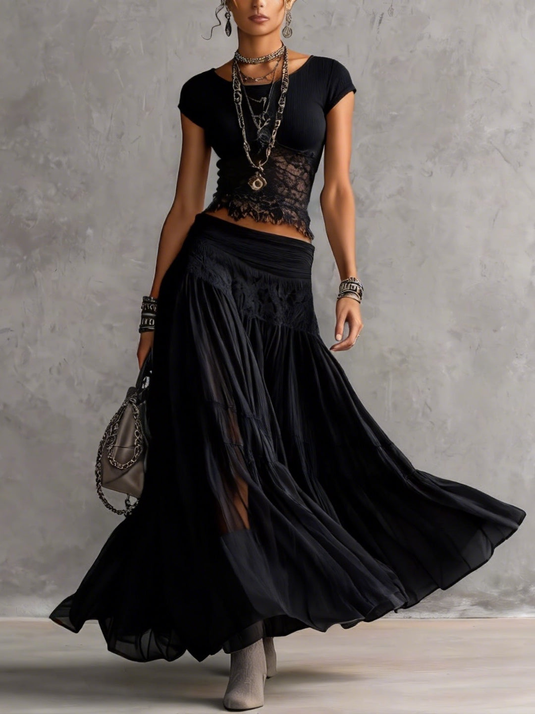 Casa Marbella™ | Conjunto Vanessa Dark Boho con Top Crop y Falda de Encaje
