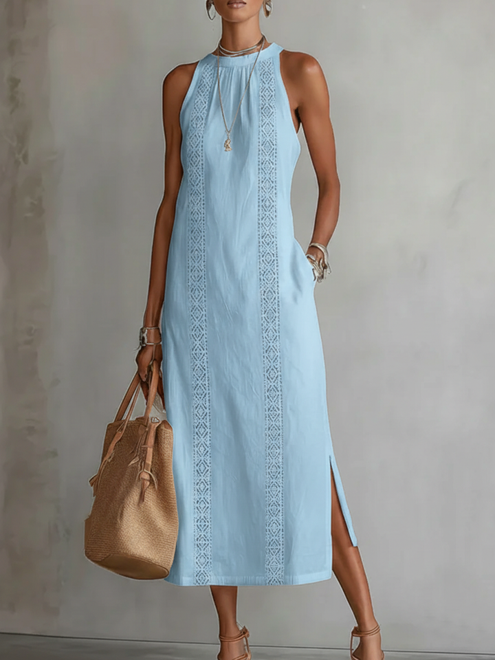 Casa Marbella™ | Vestido Midi Jimena Bordado con Cuello Mao y Corte Relajado