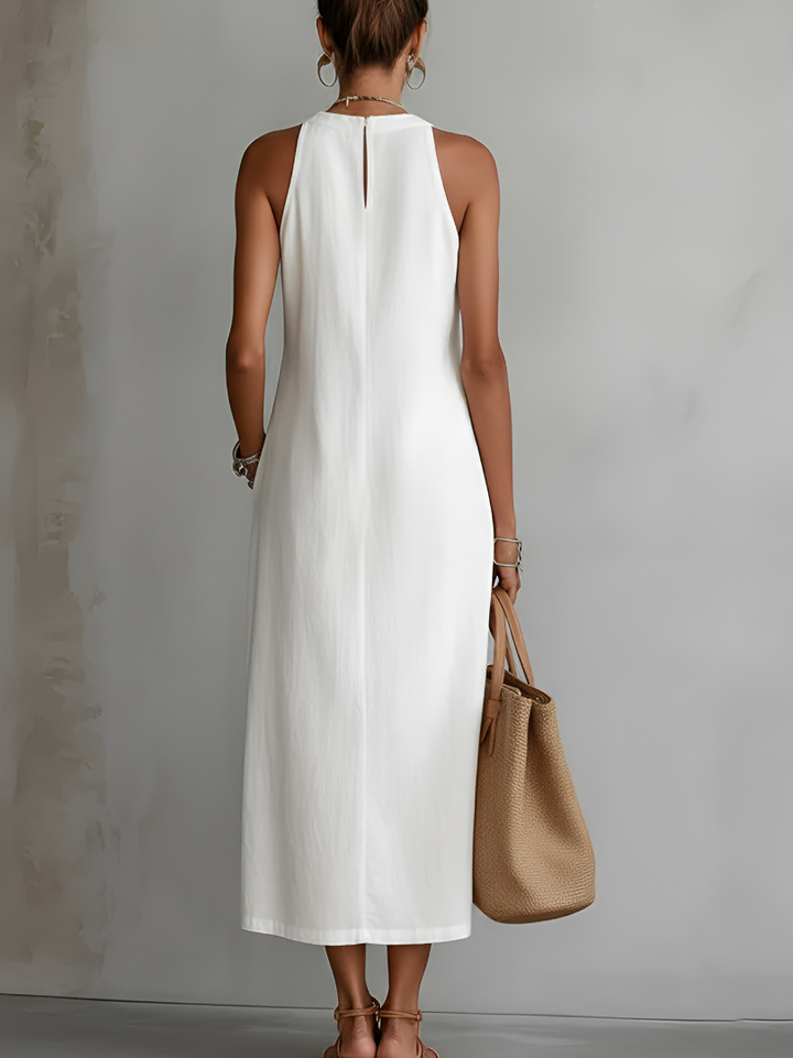 Casa Marbella™ | Vestido Midi Jimena Bordado con Cuello Mao y Corte Relajado