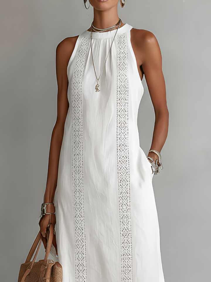 Casa Marbella™ | Vestido Midi Jimena Bordado con Cuello Mao y Corte Relajado