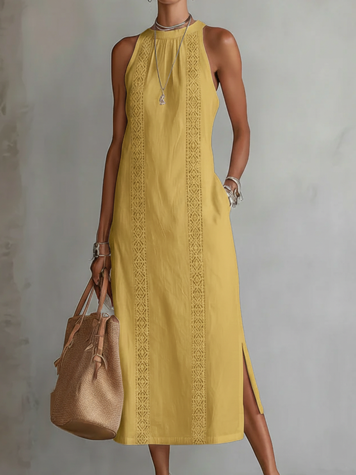 Casa Marbella™ | Vestido Midi Jimena Bordado con Cuello Mao y Corte Relajado