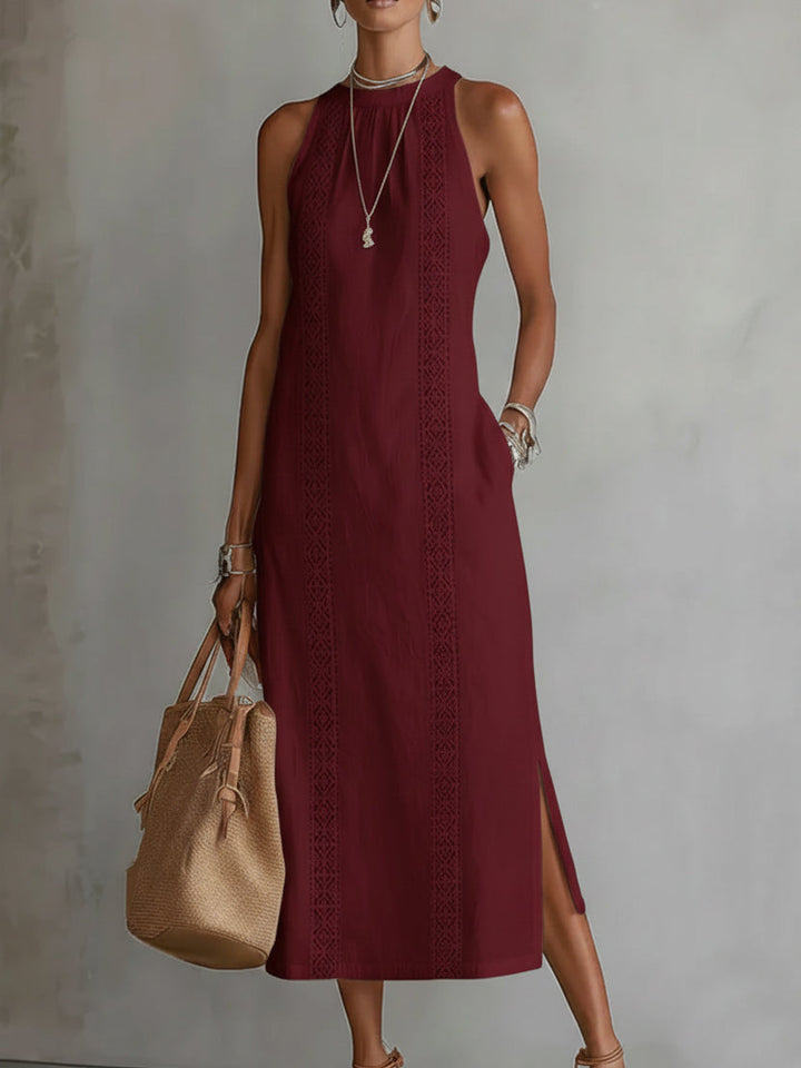 Casa Marbella™ | Vestido Midi Jimena Bordado con Cuello Mao y Corte Relajado