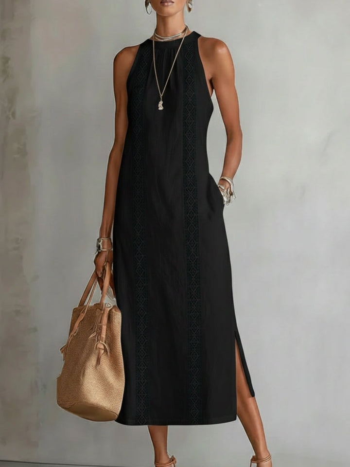 Casa Marbella™ | Vestido Midi Jimena Bordado con Cuello Mao y Corte Relajado