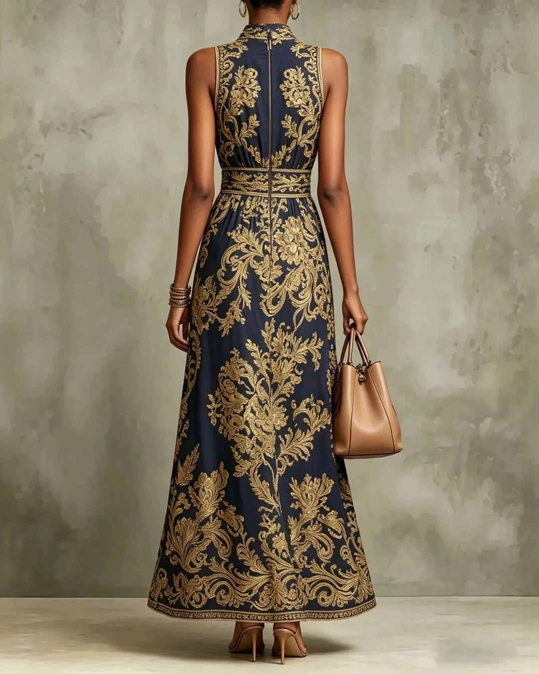 Casa Marbella™ | Vestido Largo Cornelia Glamour con Estampado Barroco Dorado