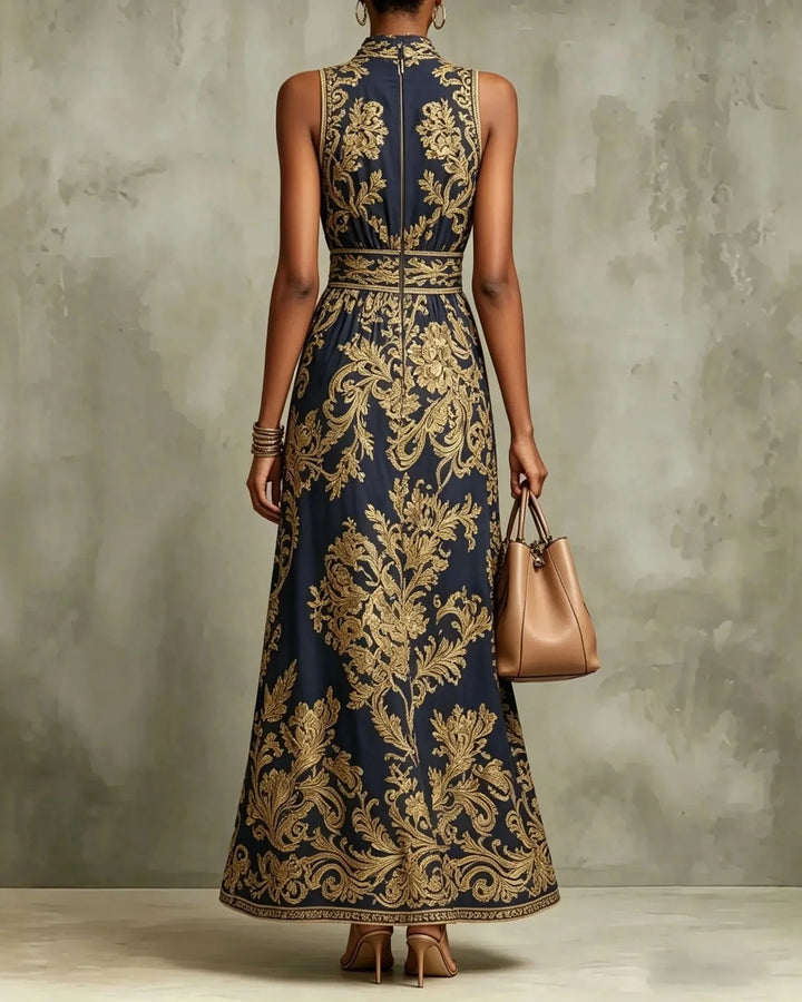 Casa Marbella™ | Vestido Largo Cornelia Glamour con Estampado Barroco Dorado
